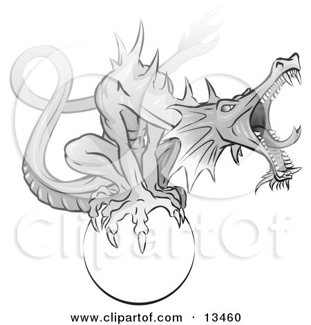 Aggressive Roaring Grey Dragon Perching on a White Orb Clipart Illustration by Leo Blanchette
