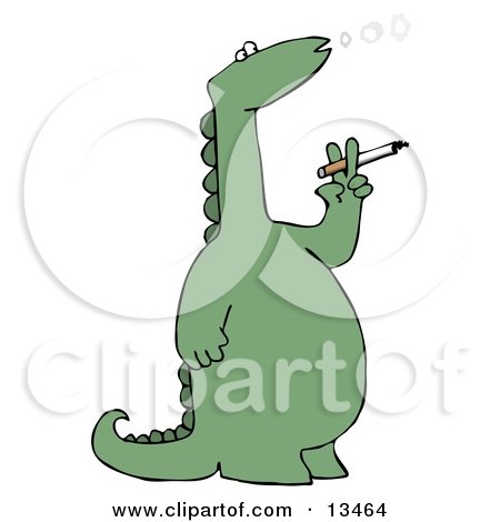 Rebellious Green Dino Standing on its Hind Legs and Blowing Out Circles of Smoke While Smoking a Cigarette Clipart Illustration by djart