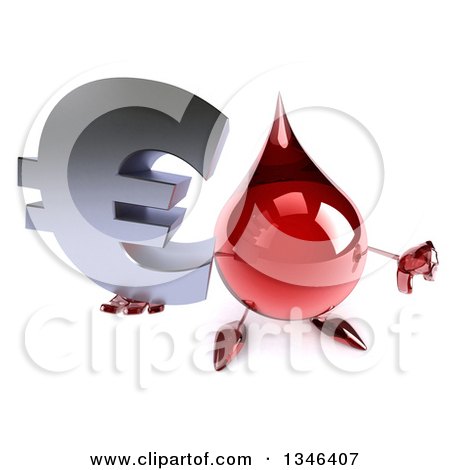 Clipart of a 3d Hot Water or Blood Drop Character Holding up a Euro Currency Symbol and a Thumb down - Royalty Free Illustration by Julos