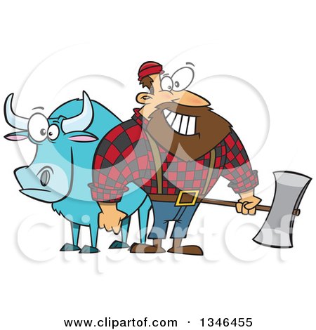Clipart of a Cartoon Paul Bunyan Lumberjack Holding an Axe by Babe the Blue Ox - Royalty Free Vector Illustration by toonaday
