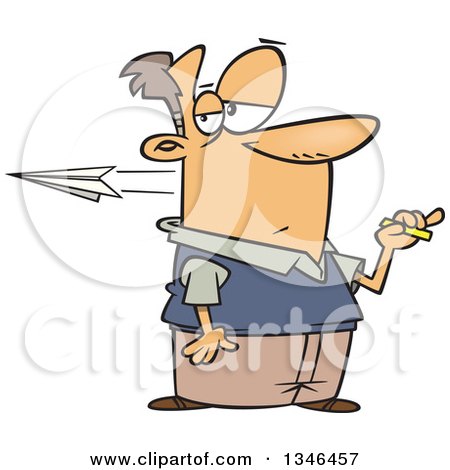 Clipart of a Cartoon Caucasian Male Teacher Holding Chalk While a Paper Airplane Flies by from an Unruly Student - Royalty Free Vector Illustration by toonaday