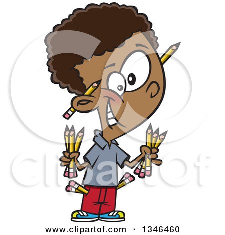 Clipart of a Cartoon Black School Boy Armed with Pencils - Royalty Free Vector Illustration by toonaday