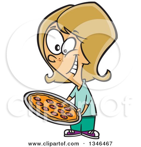 Clipart of a Cartoon Dirty Blond Caucasian Girl Holding a Pizza - Royalty Free Vector Illustration by toonaday