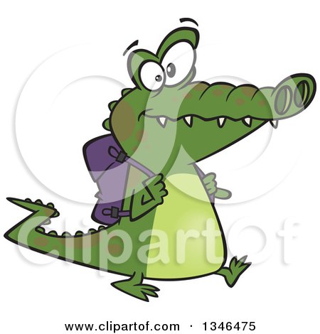 Clipart of a Cartoon Student Alligator Walking with a Backpack - Royalty Free Vector Illustration by toonaday