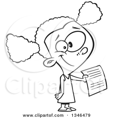 Lineart Clipart of a Cartoon Black and White Black School Girl Holding out an Assignment - Royalty Free Outline Vector Illustration by toonaday