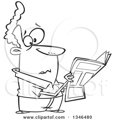 Lineart Clipart of a Cartoon Black and White Man Reading Terrible News in the Paper - Royalty Free Outline Vector Illustration by toonaday