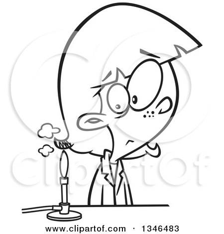Lineart Clipart of a Cartoon Black and White School Girl Watching a Burner for a Science Experiment - Royalty Free Outline Vector Illustration by toonaday
