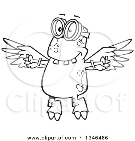 Lineart Clipart of a Cartoon Black and White Monster Wearing Goggles and Flying with Strapped Wings - Royalty Free Outline Vector Illustration by toonaday