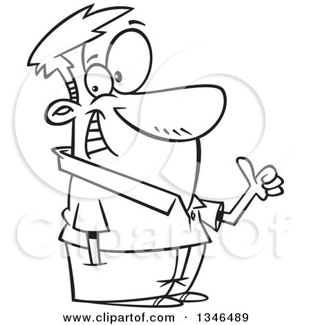 Lineart Clipart of a Cartoon Black and White Left Handed Man Giving a Thumb up - Royalty Free Outline Vector Illustration by toonaday