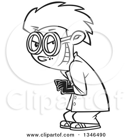 Lineart Clipart of a Cartoon Black and White Grinning Mad Scientist Boy - Royalty Free Outline Vector Illustration by toonaday