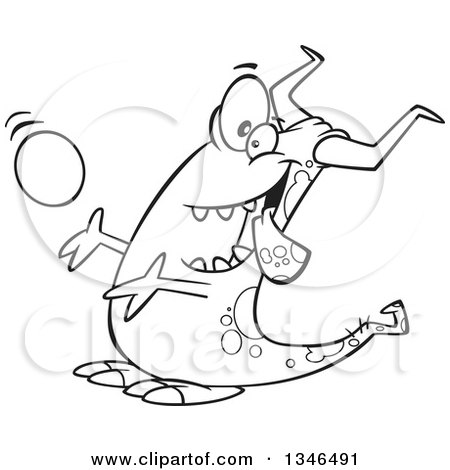 Lineart Clipart of a Cartoon Black and White Monster Catching a Ball - Royalty Free Outline Vector Illustration by toonaday