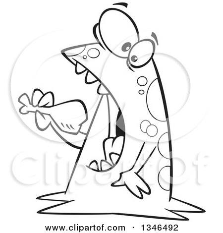 Lineart Clipart of a Cartoon Black and White Monster Eating a Drumstick - Royalty Free Outline Vector Illustration by toonaday