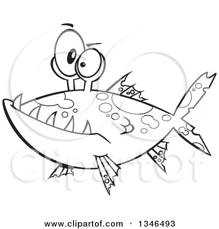 Lineart Clipart of a Cartoon Black and White Monster Fish - Royalty Free Outline Vector Illustration by toonaday
