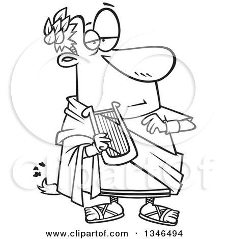 Lineart Clipart of a Cartoon Black and White Nero Fiddling with a Lyre While Rome Burns - Royalty Free Outline Vector Illustration by toonaday