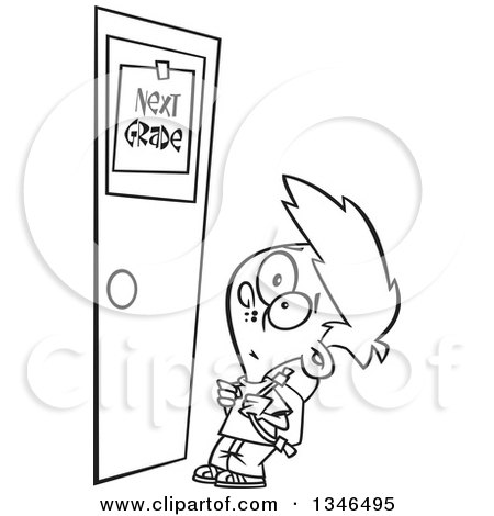 Lineart Clipart of a Cartoon Black and White School Boy Looking up at a Next Grade Door - Royalty Free Outline Vector Illustration by toonaday