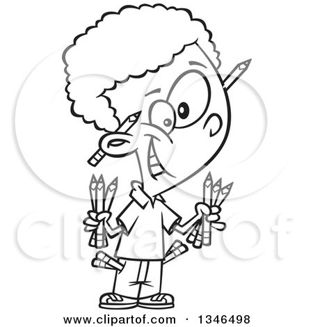Lineart Clipart of a Cartoon Black and White Black School Boy Armed with Pencils - Royalty Free Outline Vector Illustration by toonaday