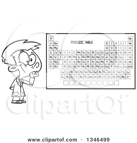 Lineart Clipart of a Cartoon Black and White School Boy Thinking by a Periodic Table - Royalty Free Outline Vector Illustration by toonaday