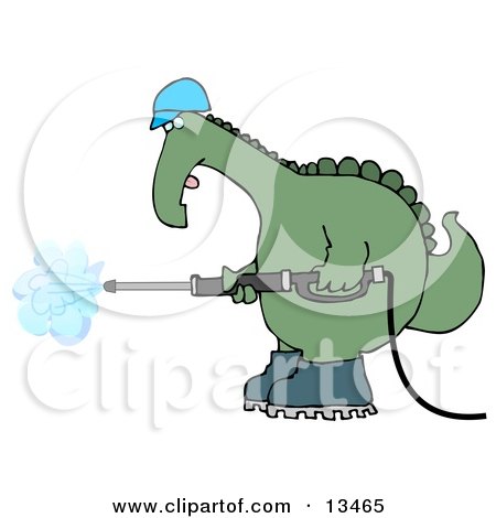 Big Green Dino in a Hard Hat and Boots Operating a Pressure Washer Posters, Art Prints
