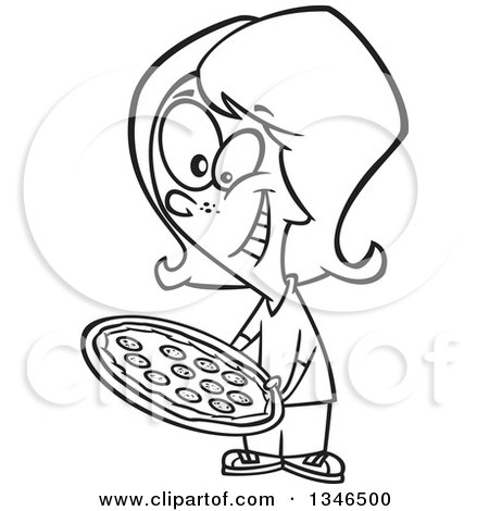 Lineart Clipart of a Cartoon Black and White Girl Holding a Pizza - Royalty Free Outline Vector Illustration by toonaday