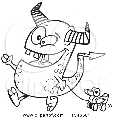 Lineart Clipart of a Cartoon Black and White Monster Pulling a Duck Toy - Royalty Free Outline Vector Illustration by toonaday