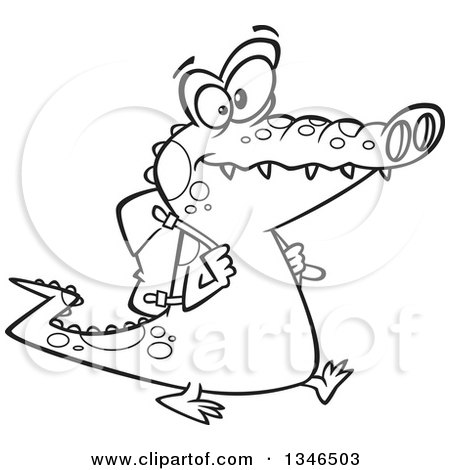 Lineart Clipart of a Cartoon Black and White Student Alligator Walking with a Backpack - Royalty Free Outline Vector Illustration by toonaday