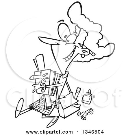 Lineart Clipart of a Cartoon Black and White Happy Female Teacher Carrying Supplies and Walking - Royalty Free Outline Vector Illustration by toonaday