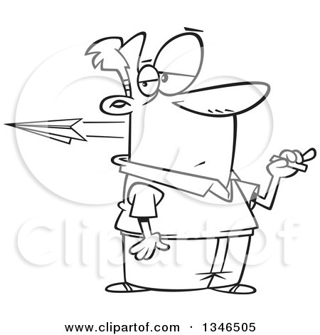 Lineart Clipart of a Cartoon Black and White Male Teacher Holding Chalk While a Paper Airplane Flies by from an Unruly Student - Royalty Free Outline Vector Illustration by toonaday