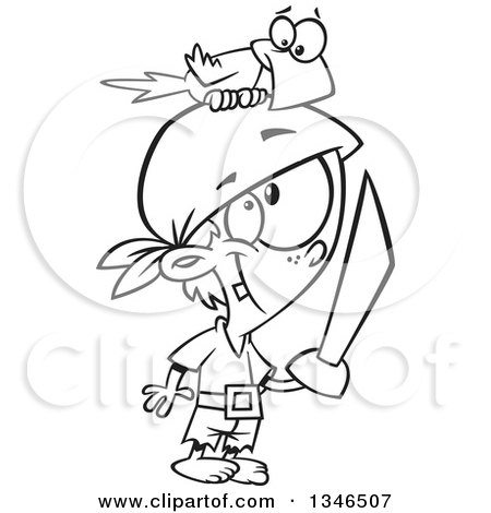 Lineart Clipart of a Cartoon Black and White Pirate Boy with a Sword and Parrot on His Head - Royalty Free Outline Vector Illustration by toonaday
