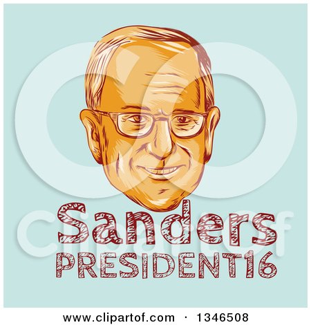 Clipart of a Retro Styled Face of Bernie Sanders, Democratic 2016 Presidential Candidate with Text over Blue - Royalty Free Vector Illustration by patrimonio