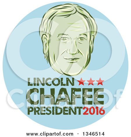 Clipart of a Retro Styled Face of Lincoln Chaffee, 2016 Presidential Candidate, with Text in a Blue Circle - Royalty Free Vector Illustration by patrimonio