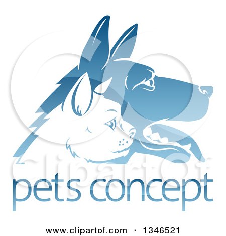 Clipart of Shiny Blue Profiled Dog and Cat Faces over Sample Text - Royalty Free Vector Illustration by AtStockIllustration