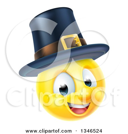 Clipart of a 3d Thanksgiving Pilgrim Yellow Smiley Emoji Emoticon Face Wearing a Hat - Royalty Free Vector Illustration by AtStockIllustration