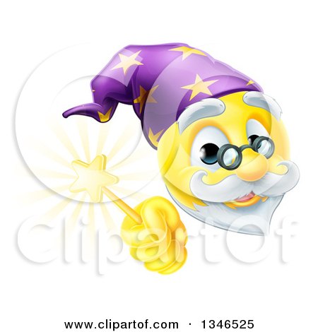 Clipart of a 3d Wizard Yellow Smiley Emoji Emoticon Face Holding a Magic Wand - Royalty Free Vector Illustration by AtStockIllustration