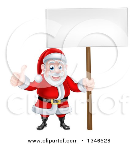 Clipart of a Cartoon Happy Christmas Santa Claus Holding a Blank Sign and Giving a Thumb up 2 - Royalty Free Vector Illustration by AtStockIllustration