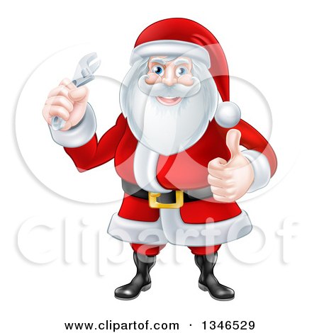 Clipart of a Happy Christmas Santa Claus Holding an Adjustable Wrench and Giving a Thumb up 2 - Royalty Free Vector Illustration by AtStockIllustration