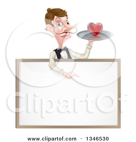 Clipart of a Cartoon Caucasian Male Waiter with a Curling Mustache, Holding a Red Love Heart on a Tray and Pointing down over a Blank White Menu Sign - Royalty Free Vector Illustration by AtStockIllustration