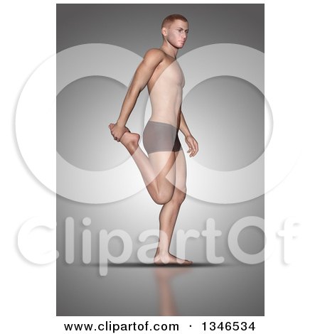 Clipart of a 3d Fit Caucasian Man Stretching, Holding a Foot, on Gray - Royalty Free Illustration by KJ Pargeter