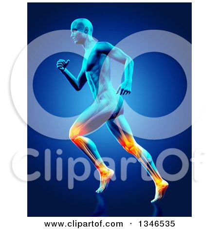 Clipart of a 3d Anatomical Man Running with Visible Muscles and Glowing Knee and Ankle Joints, on Blue - Royalty Free Illustration by KJ Pargeter