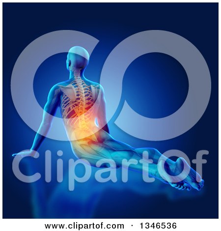 Clipart of a 3d Anatomical Man Stretching on the Floor in a Yoga Pose, with Visible Skeleton, Muscles, and Back Pain, on Blue - Royalty Free Illustration by KJ Pargeter