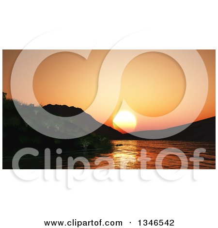 Clipart of a Background of an Orange Sunset over Hills and a Lake - Royalty Free Illustration by KJ Pargeter