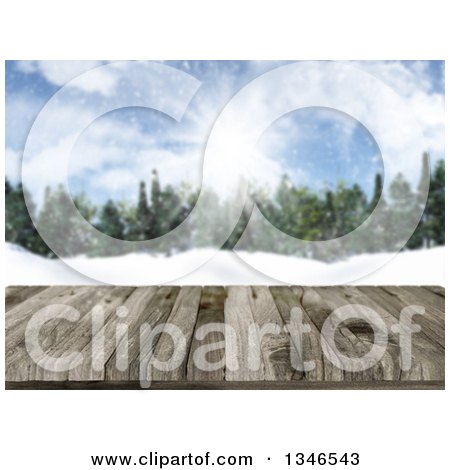 Clipart of a 3d Close up of a Wooden Table or Deck with a Blurred View of a Winter Forest - Royalty Free Illustration by KJ Pargeter