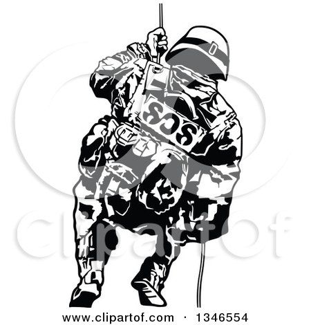 Clipart of a Black and White Special Police Force Officer on a Rope - Royalty Free Vector Illustration by dero