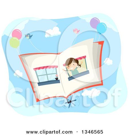 Clipart of a Happy Brunette Caucasian Girl in a Window on a Flying Book, with Birds and Balloons - Royalty Free Vector Illustration by BNP Design Studio