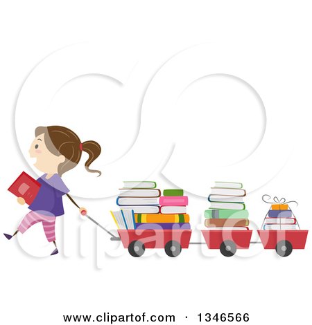 Clipart of a Happy Brunette Caucasian Girl Pulling Books in Wagons - Royalty Free Vector Illustration by BNP Design Studio