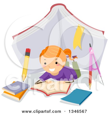 Clipart of a Happy Red Haired Caucasian Girl Laying on the Floor and Reading Under a Giant Book Tent - Royalty Free Vector Illustration by BNP Design Studio