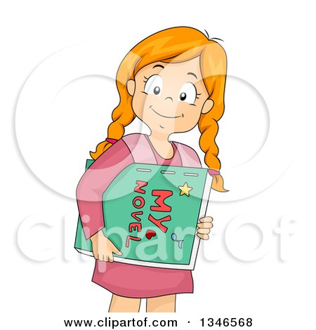 Clipart of a Happy Red Haired Caucasian Girl Carrying a Handmade Novel - Royalty Free Vector Illustration by BNP Design Studio