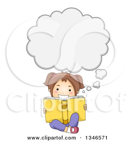 Clipart of a Happy Brunette Caucasian Girl Sitting on the Floor, Reading a Book and Thinking - Royalty Free Vector Illustration by BNP Design Studio