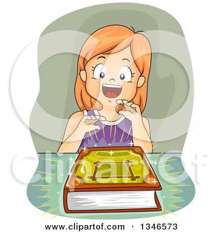 Clipart of a Happy Red Haired Caucasian Girl with a Glowing Magic Book - Royalty Free Vector Illustration by BNP Design Studio