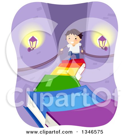 Clipart of a Happy Boy Climbing a Staircase of Books in a Castle - Royalty Free Vector Illustration by BNP Design Studio