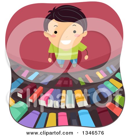Clipart of a Happy Boy Smiling and Looking up at Library Shelves - Royalty Free Vector Illustration by BNP Design Studio